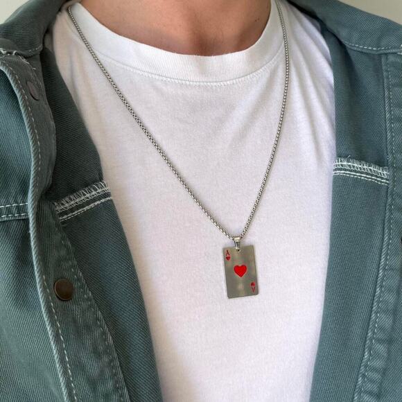 Y2K Silver Red Ace of Hearts Necklace Gothic Punk Pendant Unisex Statement New - Picture 3 of 7